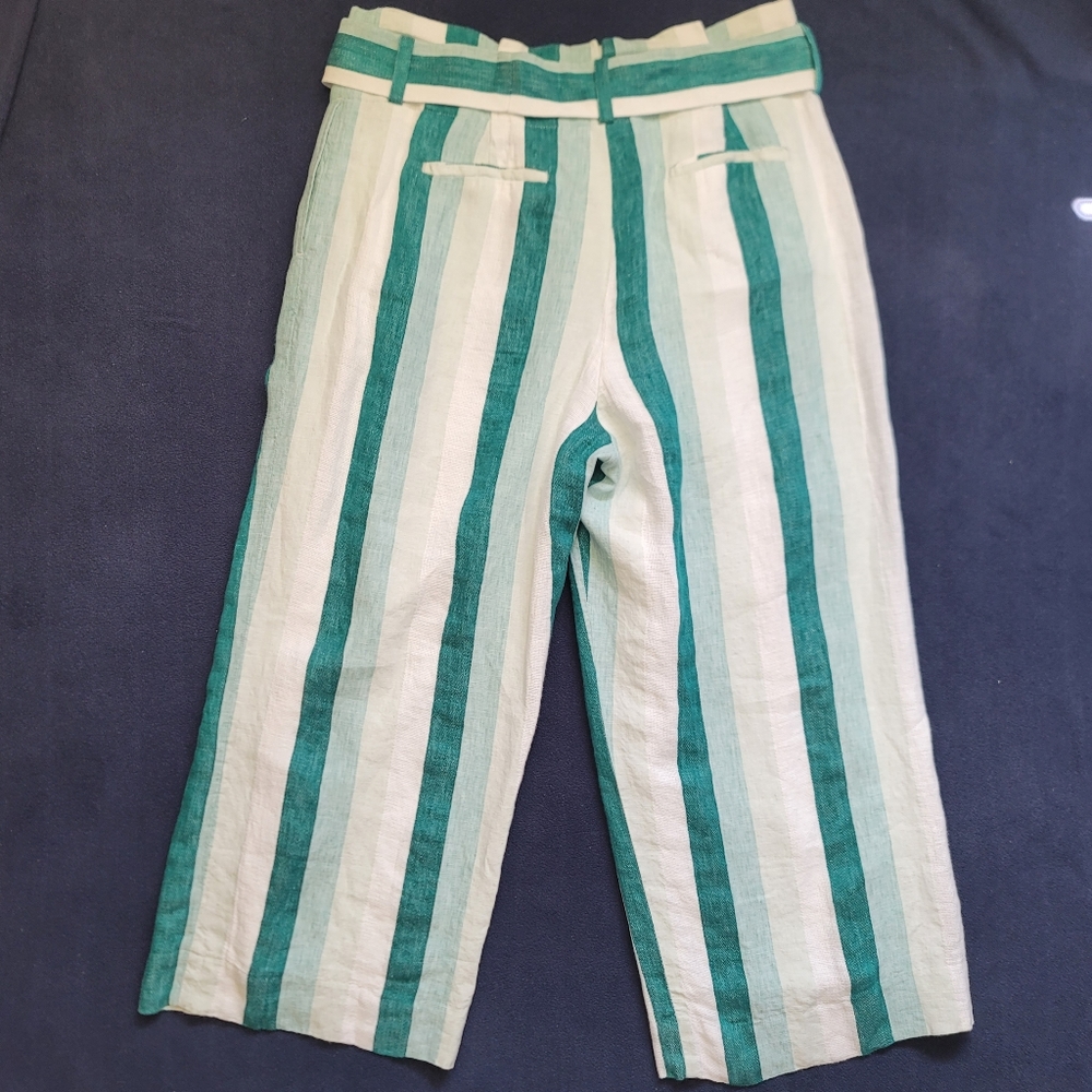 J.CREW Paper Bag Linen Pant In Cabana Stripe Women's Size10 Turquoise Jade White - Picture 5 of 16